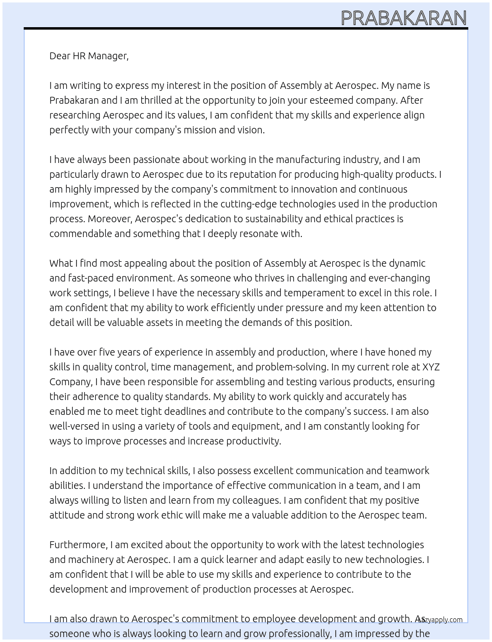 assembly At aerospec Cover Letter