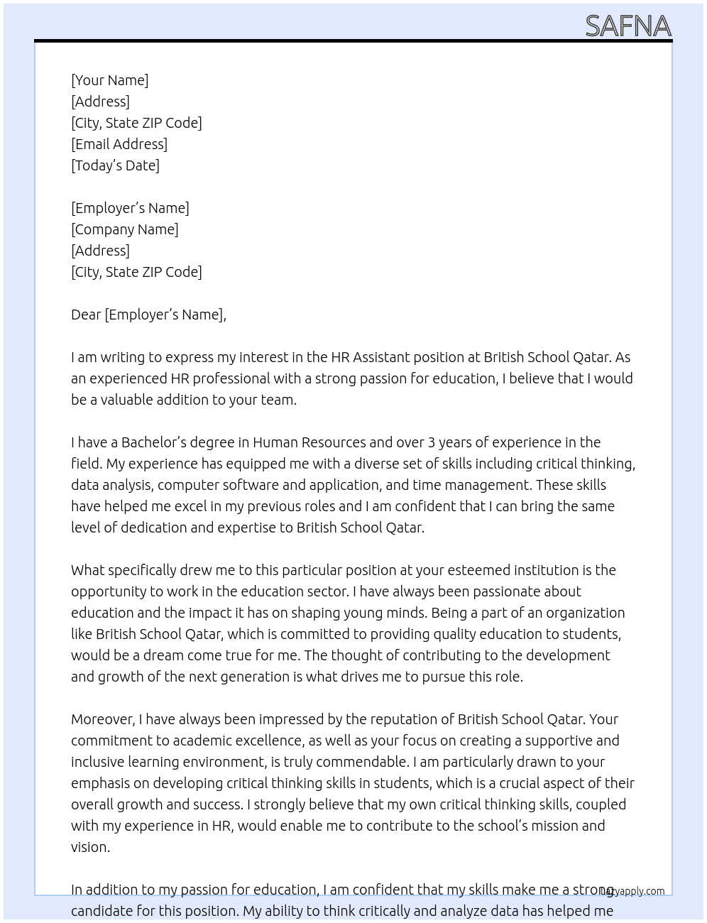 HR Assistant At British School Qatar Cover Letter
