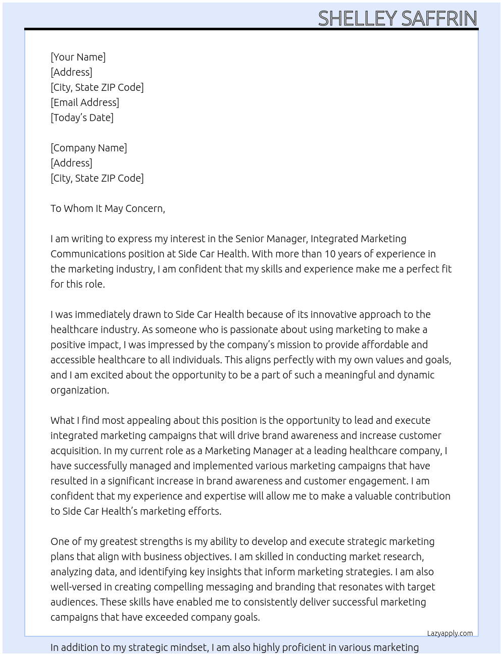 Senior Manager, Integrated Marketing Communications At side car health Cover Letter
