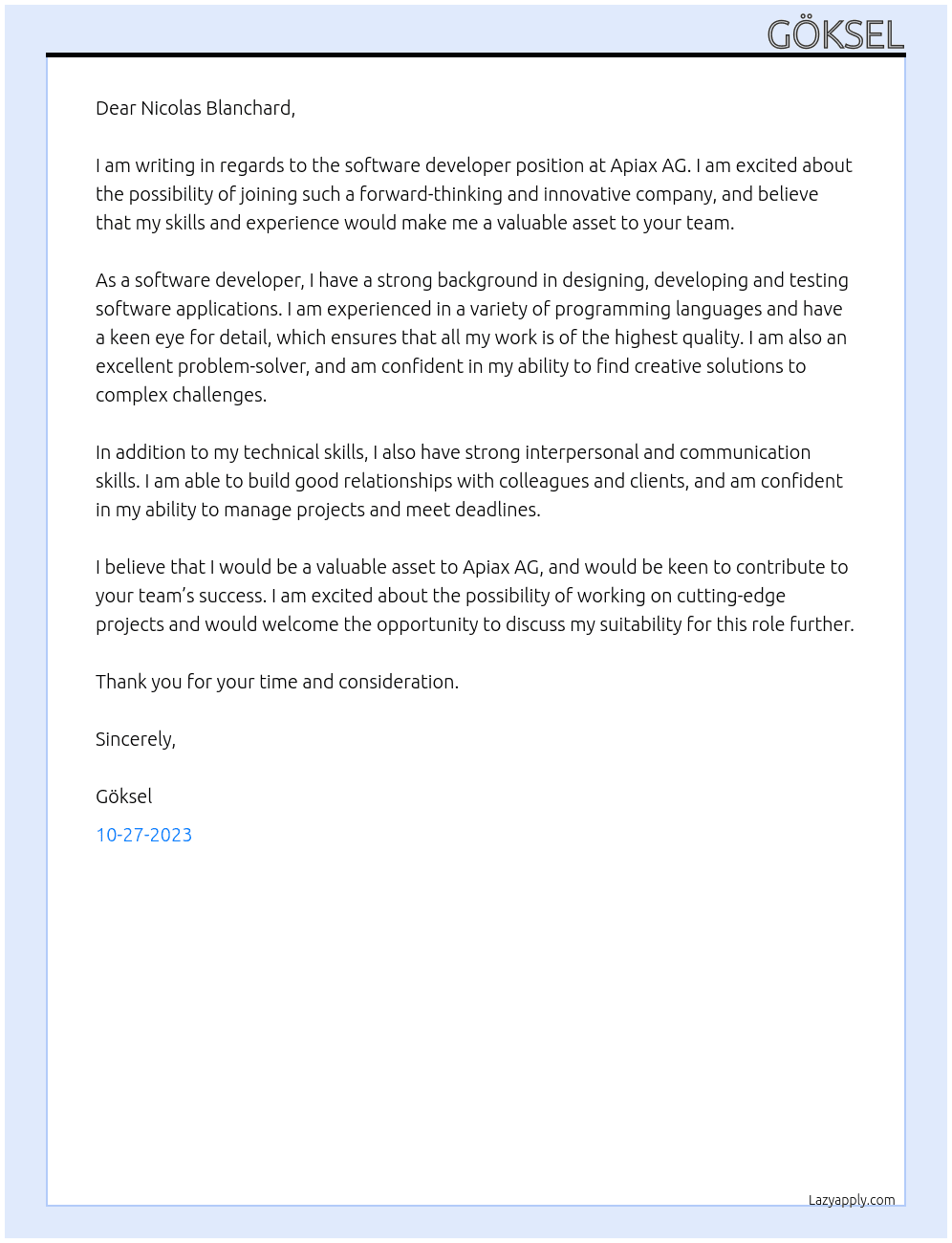 software developer At Apiax AG Cover Letter