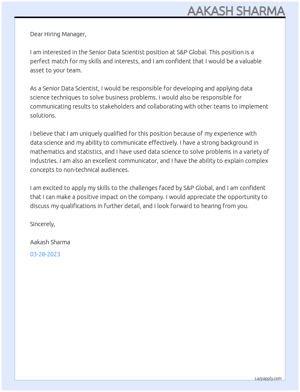 Senior Data Scientist At S&P Global Cover Letter