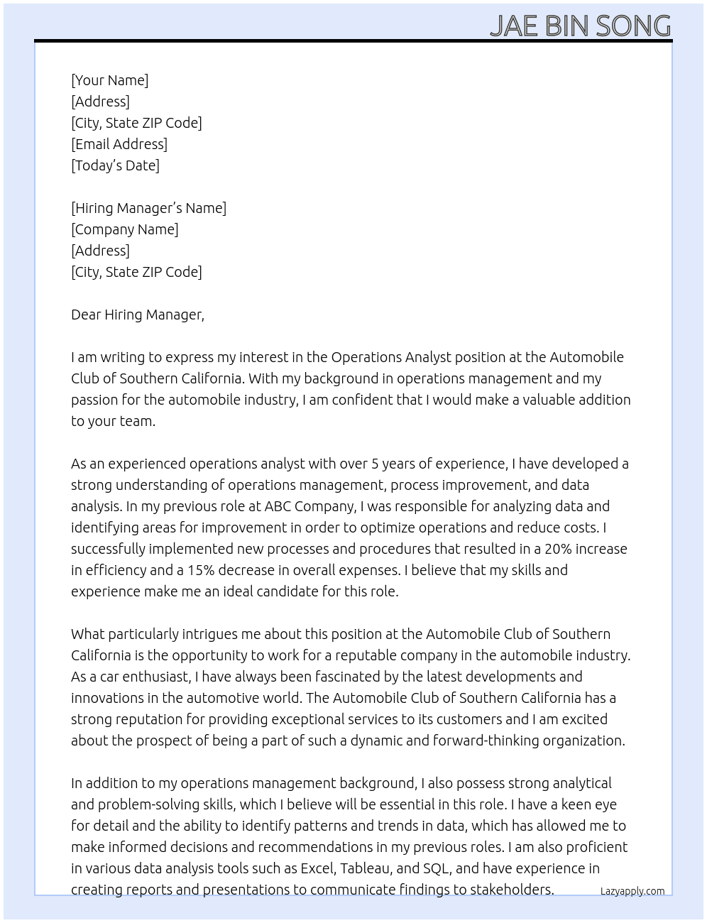 Operations Analyst At Automobile Club of Southern California Cover Letter
