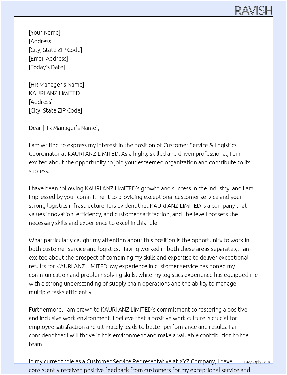 Customer Service & Logistics Coordinator At KAURI ANZ LIMITED Cover Letter