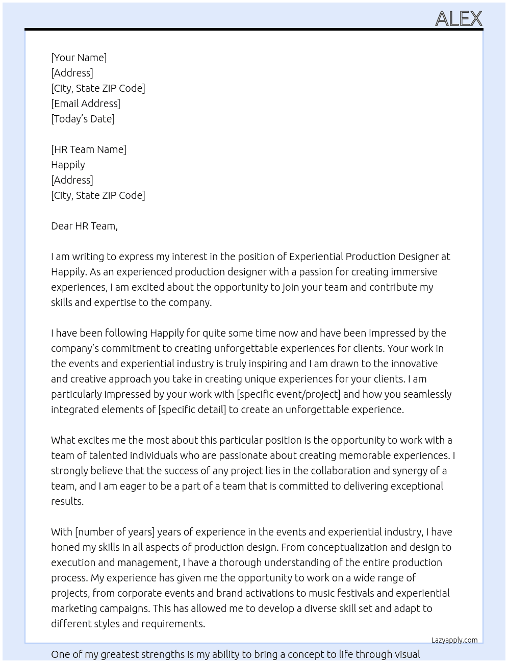 experiential production designer At Happily Cover Letter