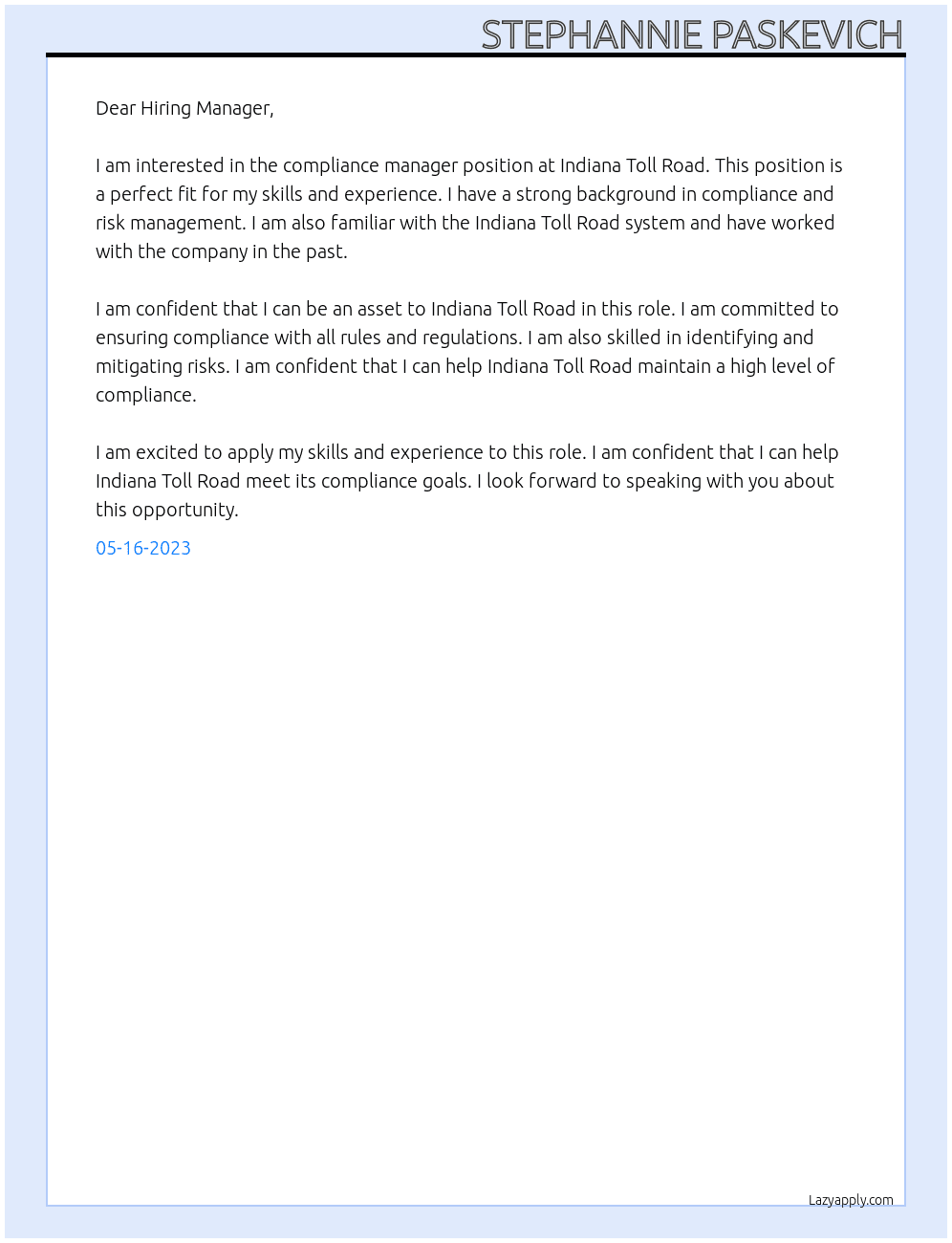 compliance manager At Indiana Toll Road Cover Letter