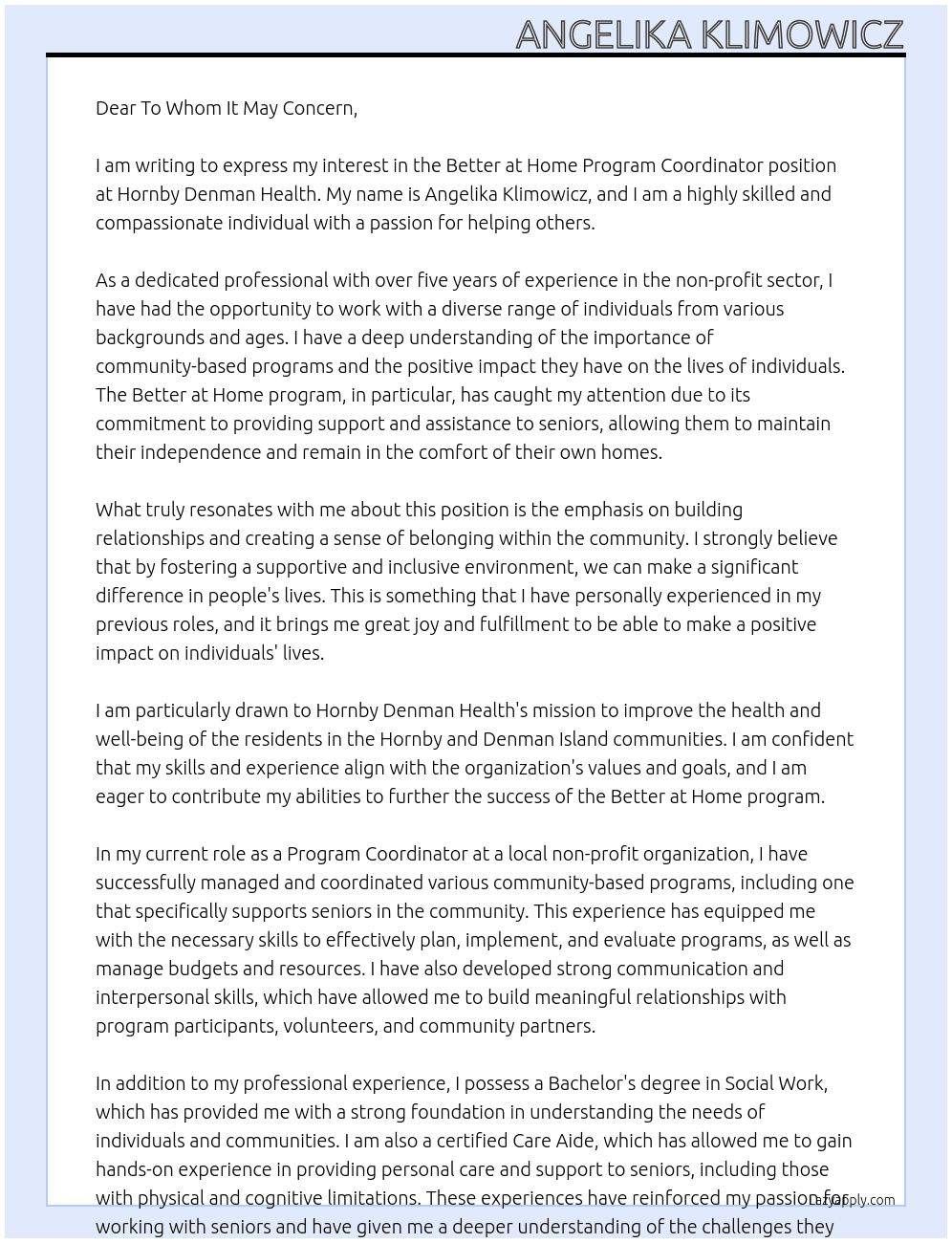 Better at Home Program Coordinator At Hornby Denman Health Cover Letter