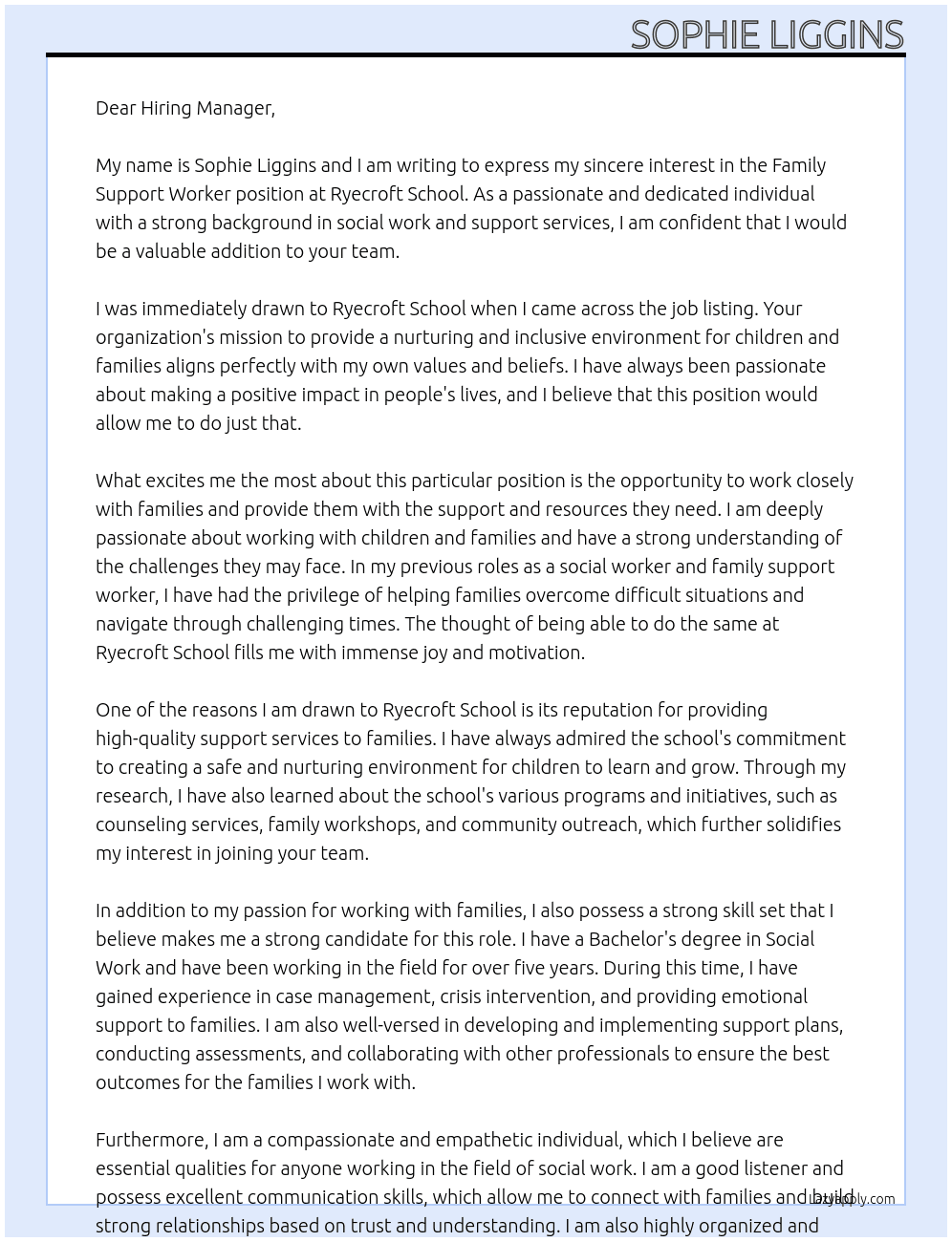 Family Support Worker At Ryecroft School Cover Letter