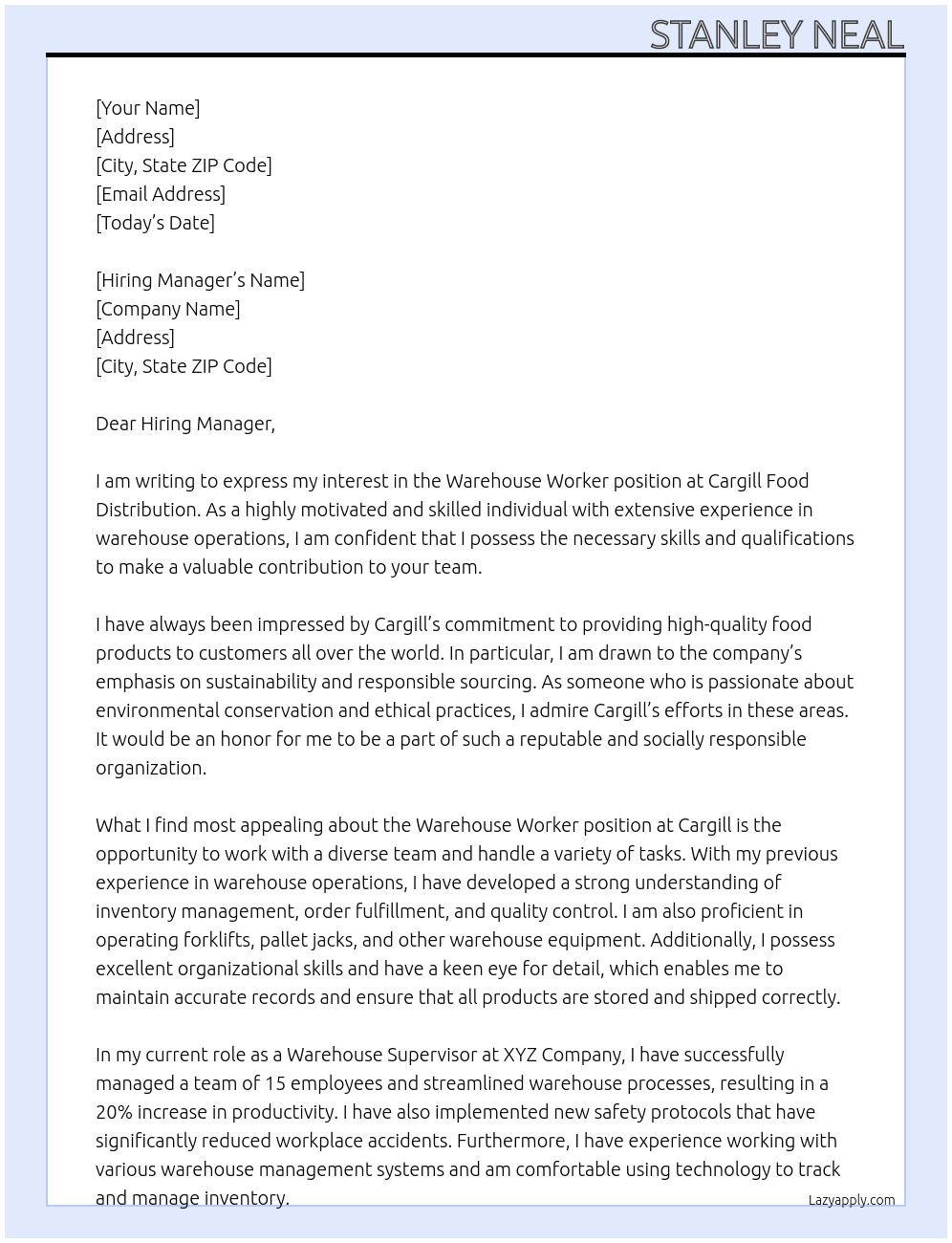 Warehouse Worker At Cargill Food Distribution Cover Letter