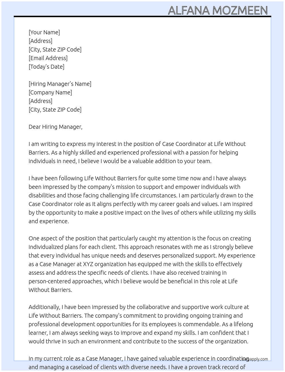 case coordinator  At at Life Without Barriers Cover Letter