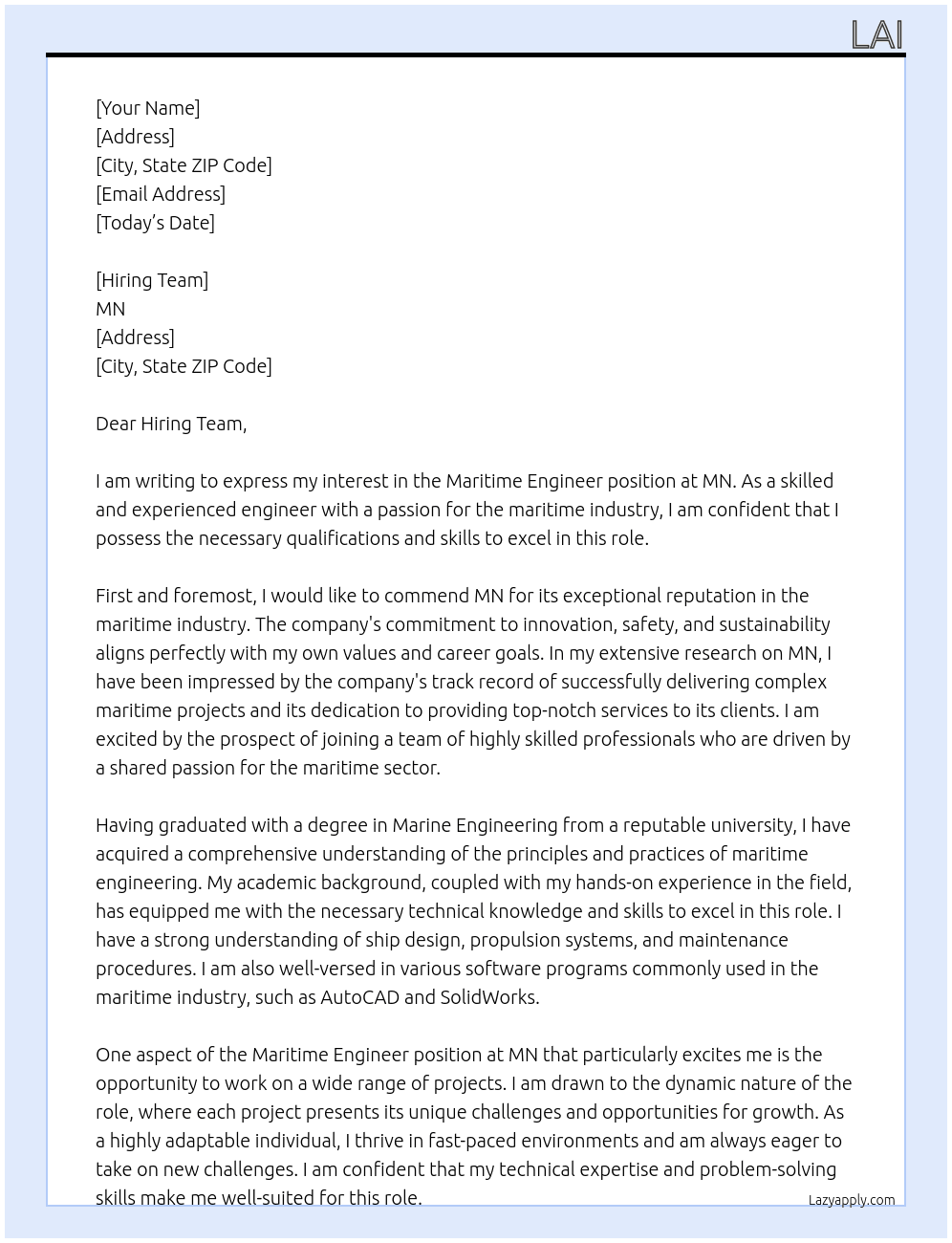Maritime Engineer At MN Cover Letter