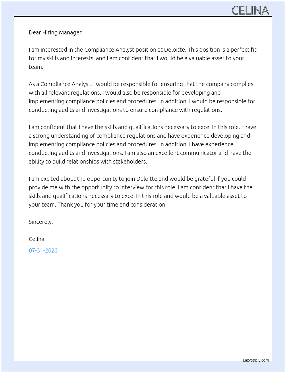 Compliance Analyst  At Deloitte  Cover Letter