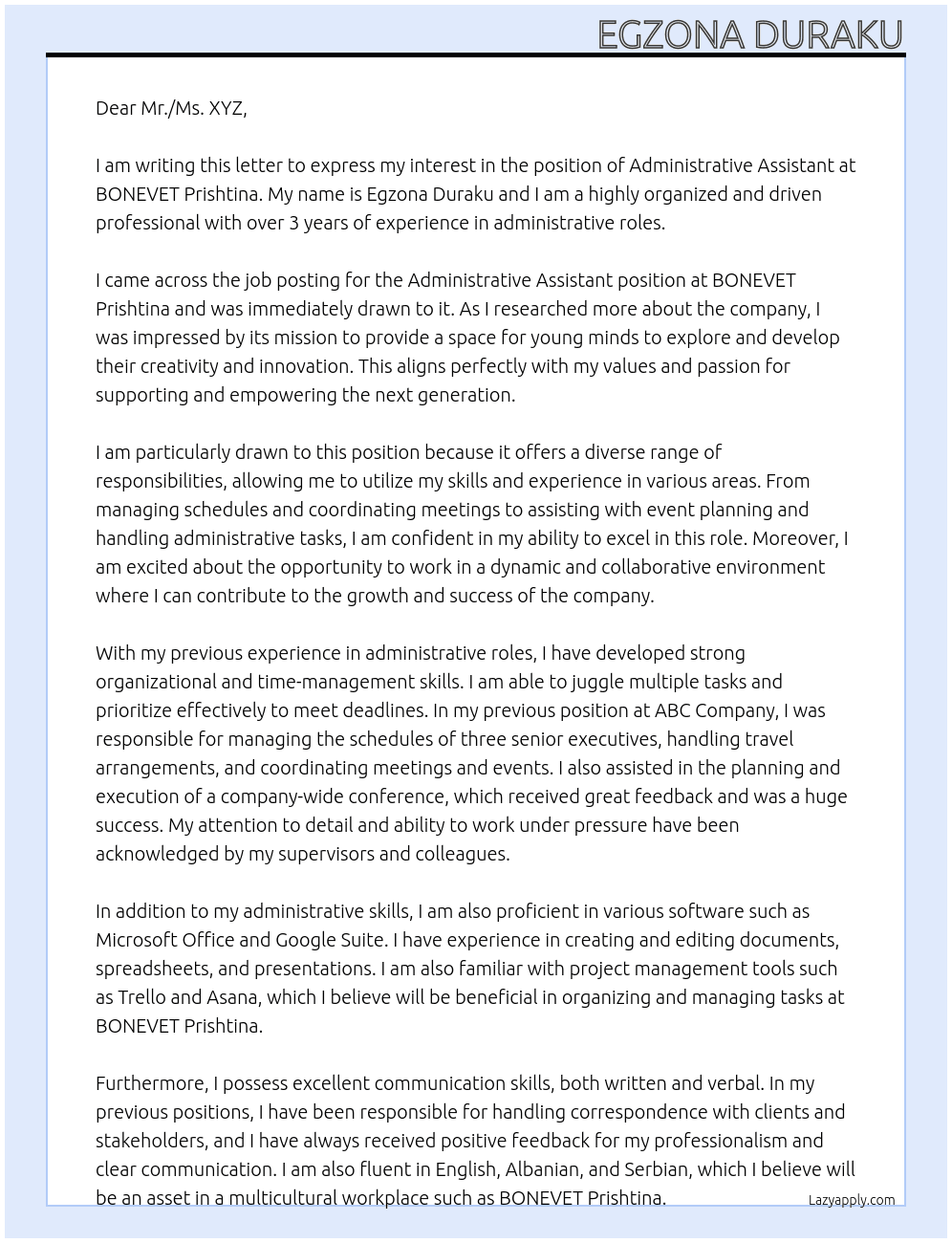 Administrative assistant At BONEVET Prishtina Cover Letter
