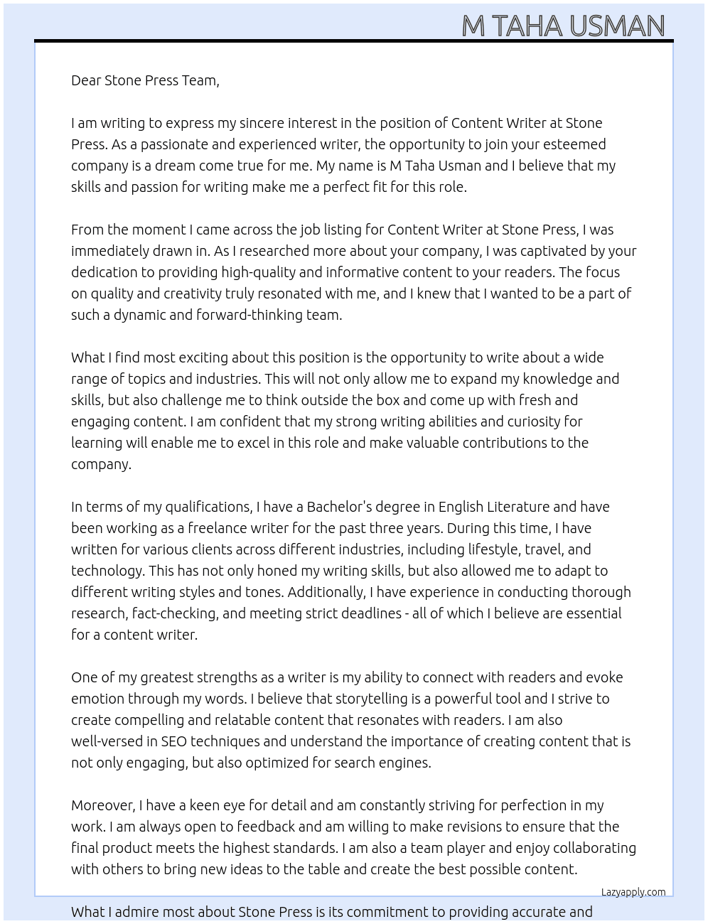 Content writer  At Stone Press  Cover Letter