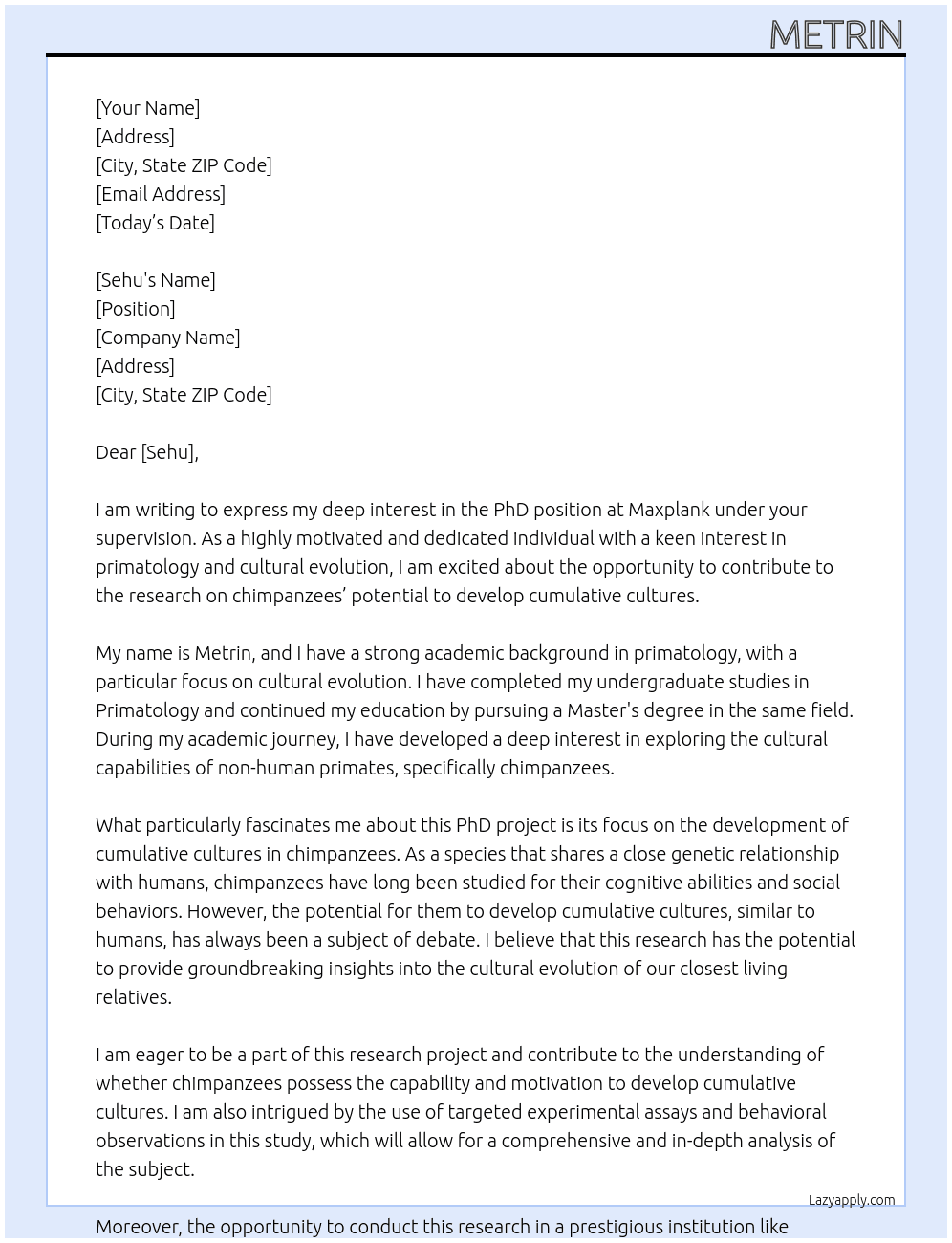 PHD POSITION At maxplank Cover Letter