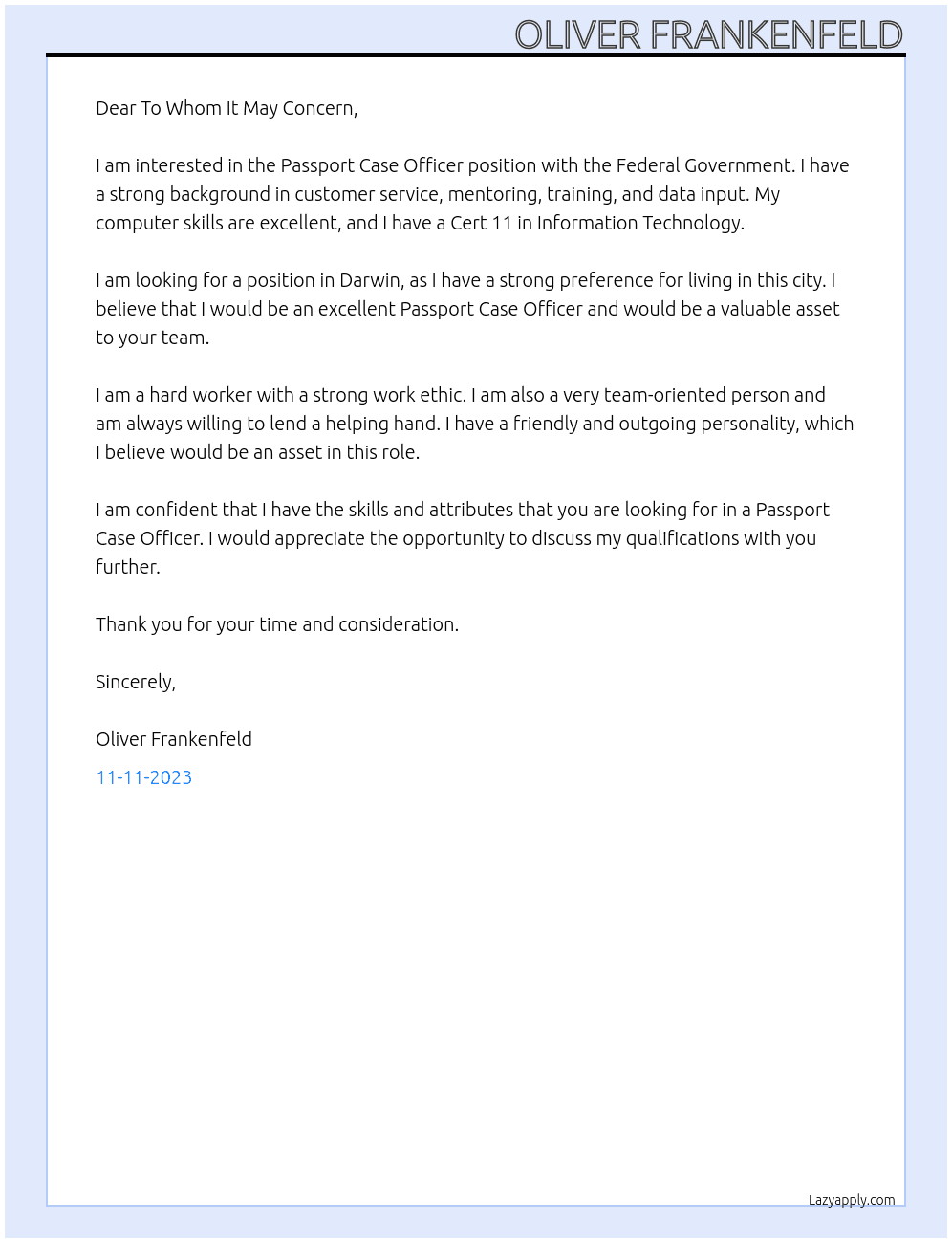 Passport Case Officer At Federal Government Cover Letter