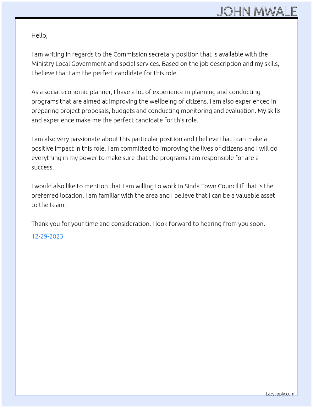 Social Economic Planner At Ministry Local Government and social services Cover Letter