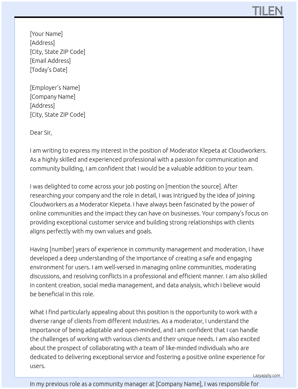 moderator klepeta At cloudworkers Cover Letter