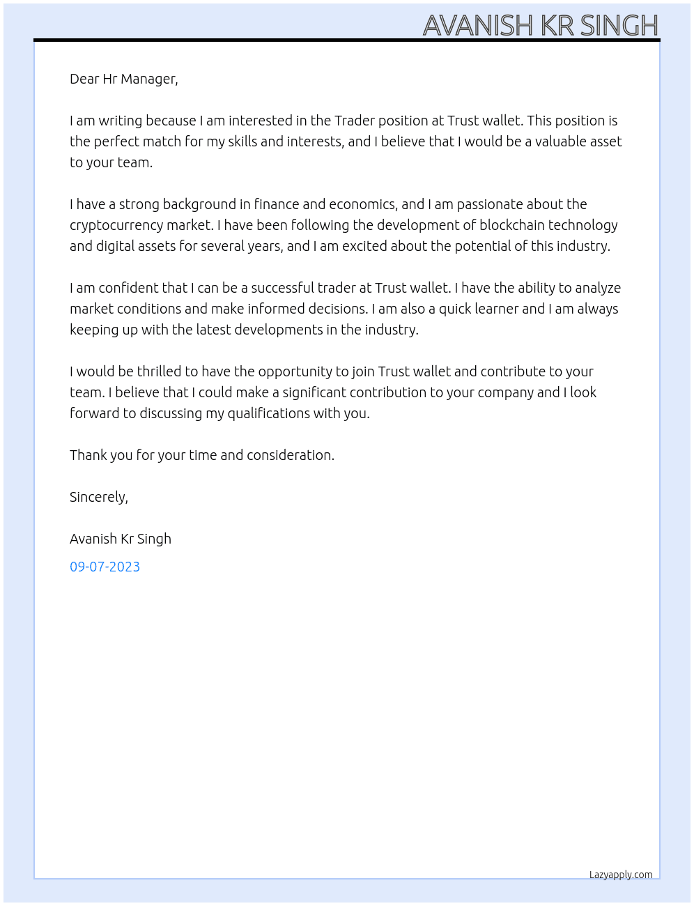 Trader At Trust wallet Cover Letter