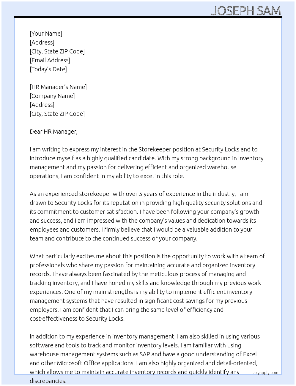 Storekeeper At Security locks ans  Cover Letter