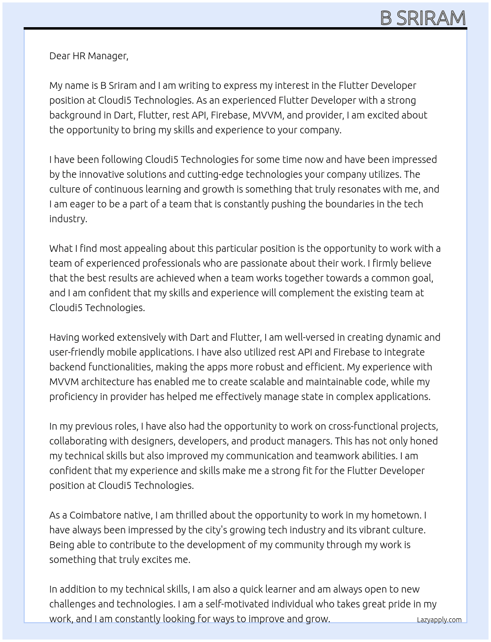 Flutter Developer At Cloudi5 Technologies Cover Letter