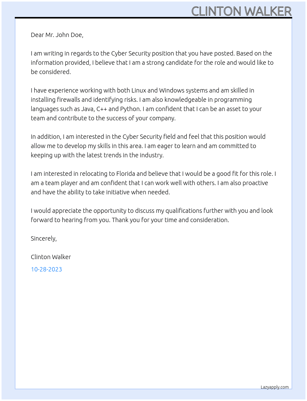 Cyber Security At Definitely A Company Inc. Cover Letter