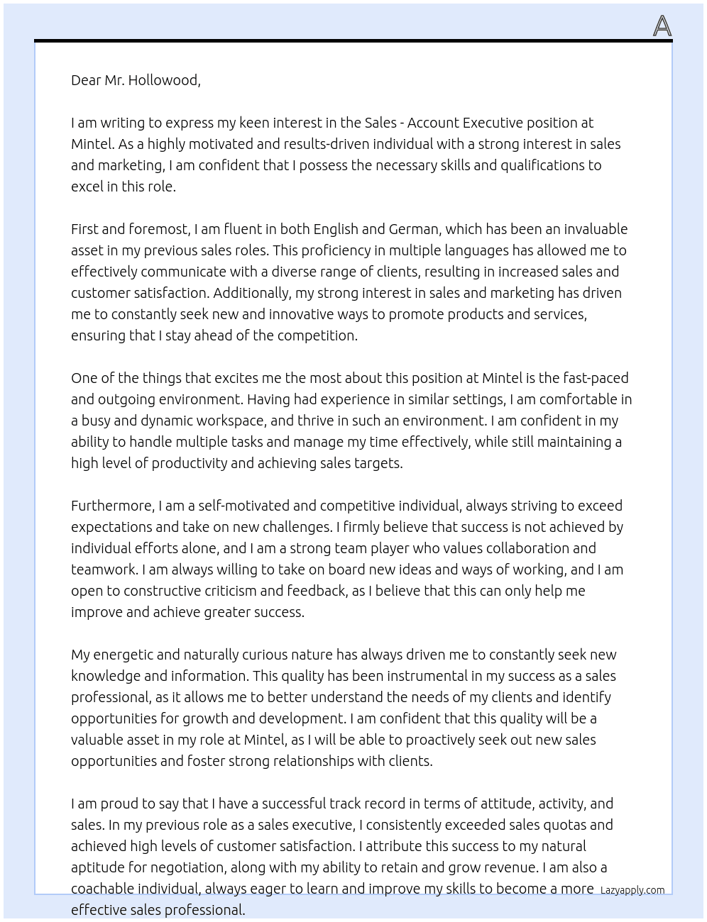 Sales - Account Executive At Mintel Cover Letter