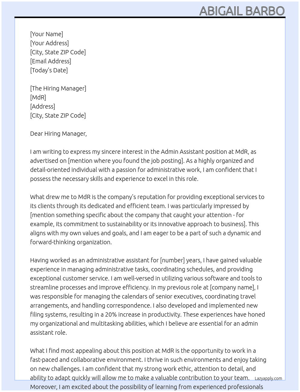 Admin Assistant At MdR Cover Letter