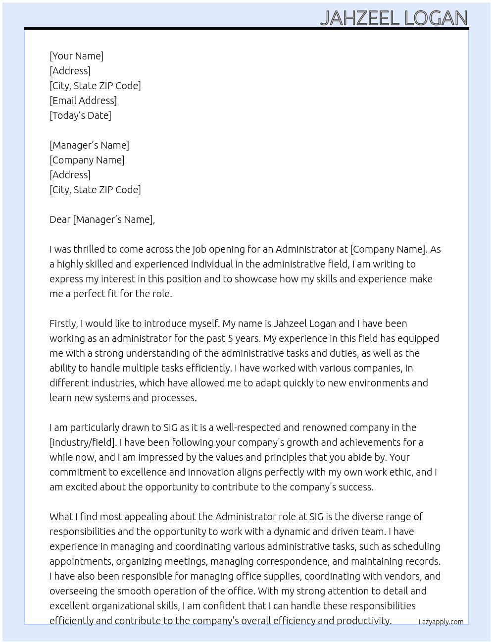 Administrator  At SIG Cover Letter