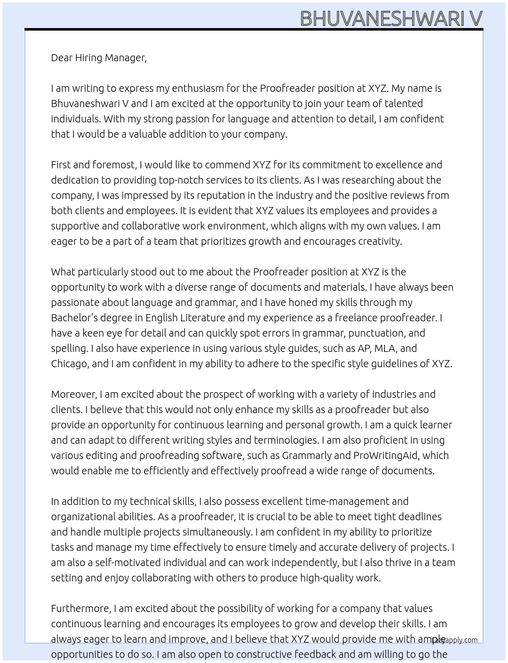 proofreader At XYZ Cover Letter