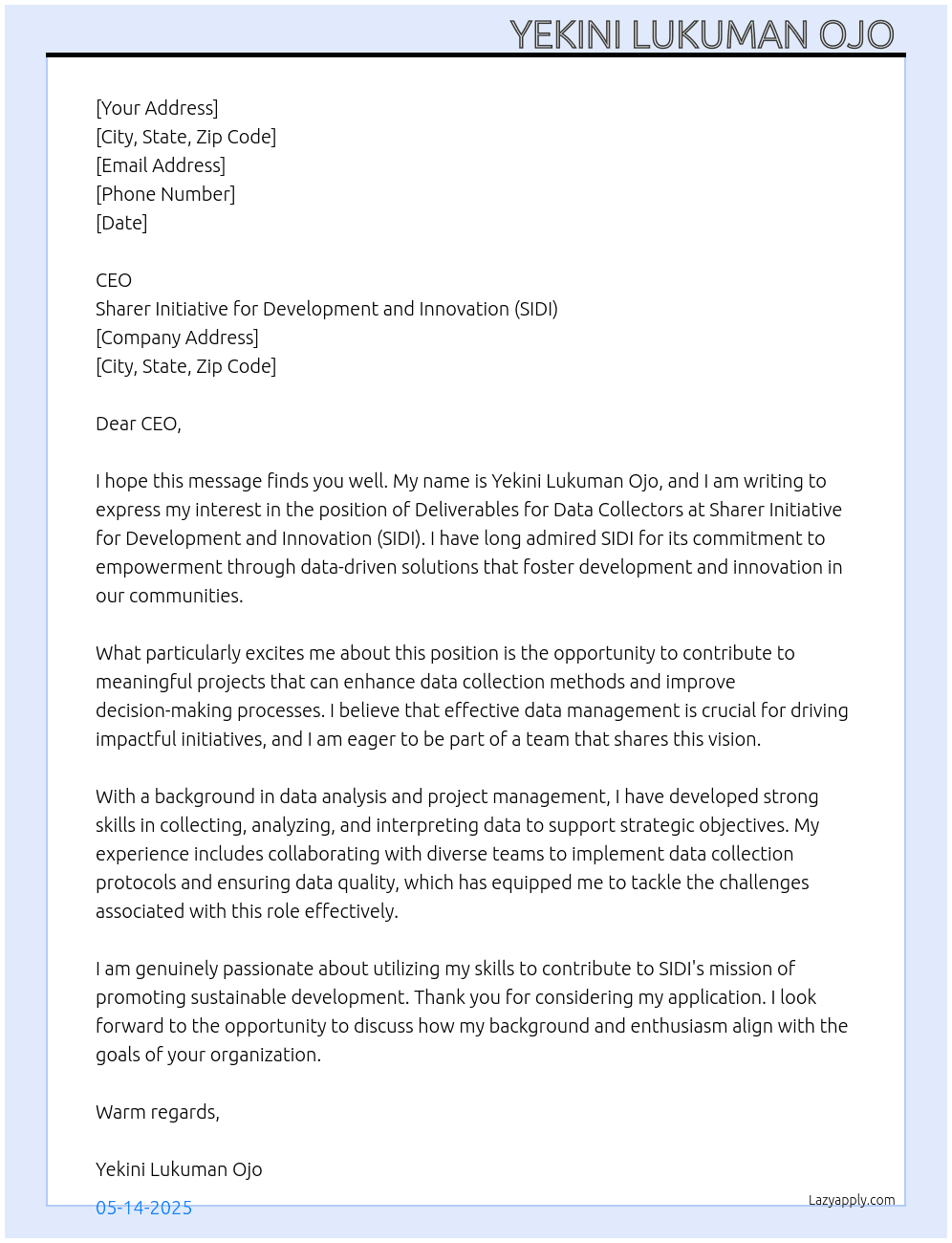 Cover letter for deliverables for data collectors - LazyApply