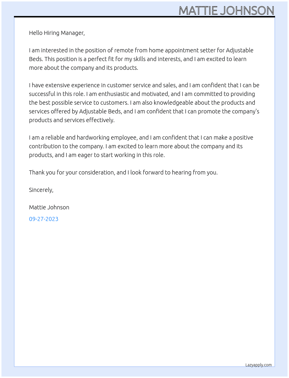 Remote From Home Appointment setter At Adjustable Beds Cover Letter