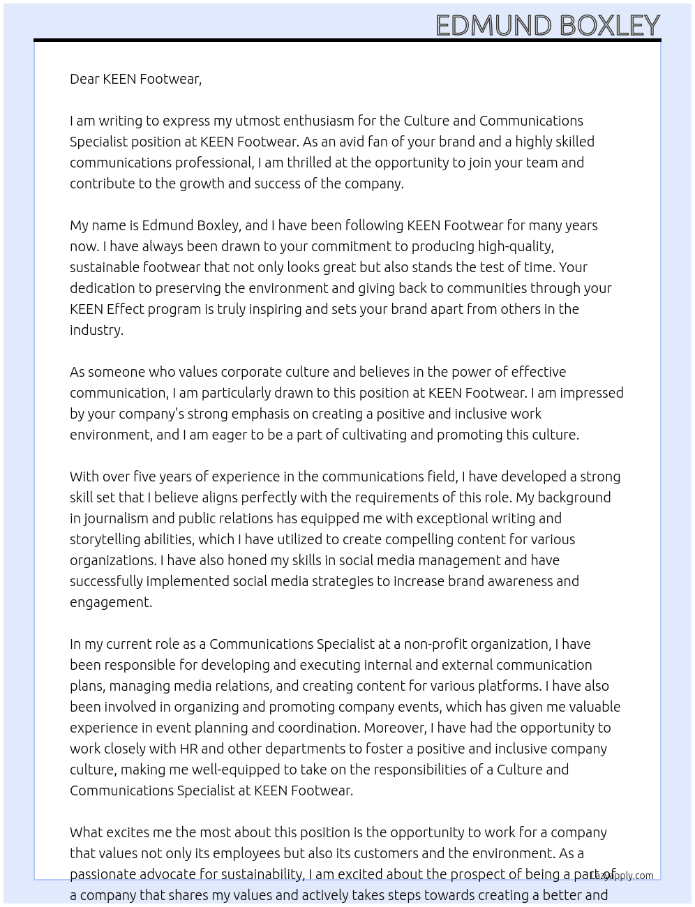 Culture and Communications Specialist At KEEN Footwear Cover Letter