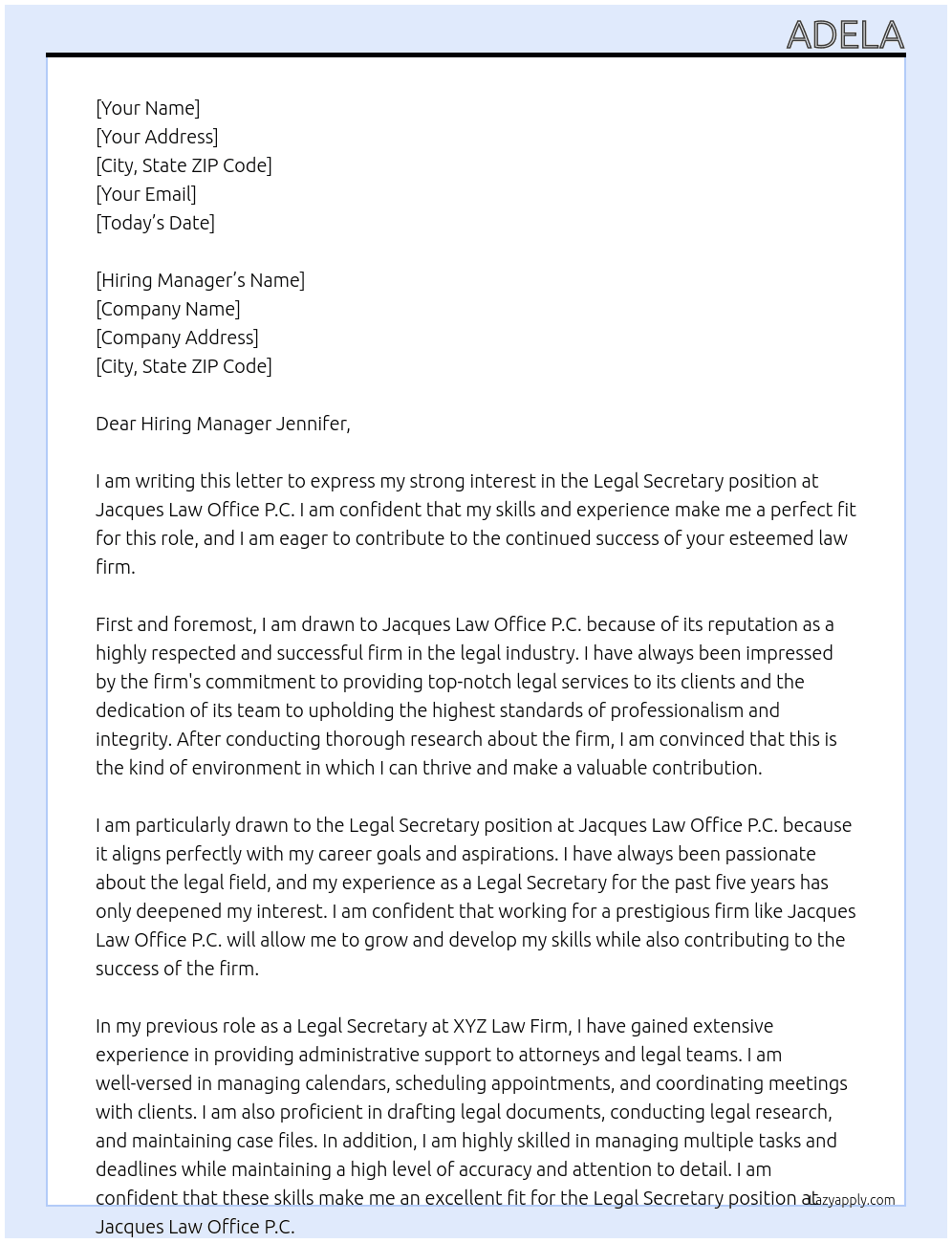 Legal Secretary At Jacques Law Office P.C. Cover Letter