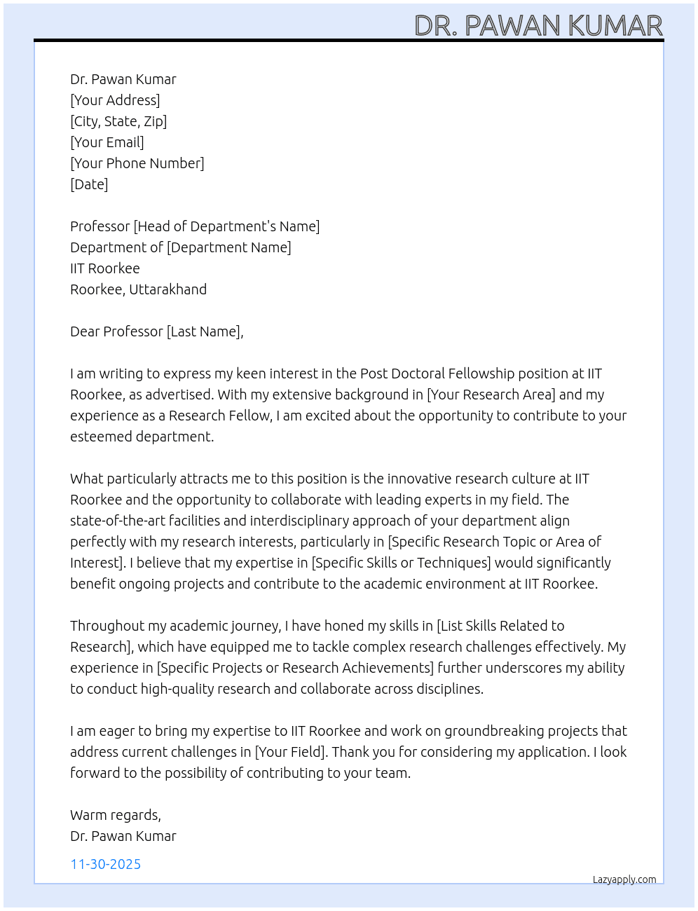 Cover letter for post doctoral fellowship - LazyApply