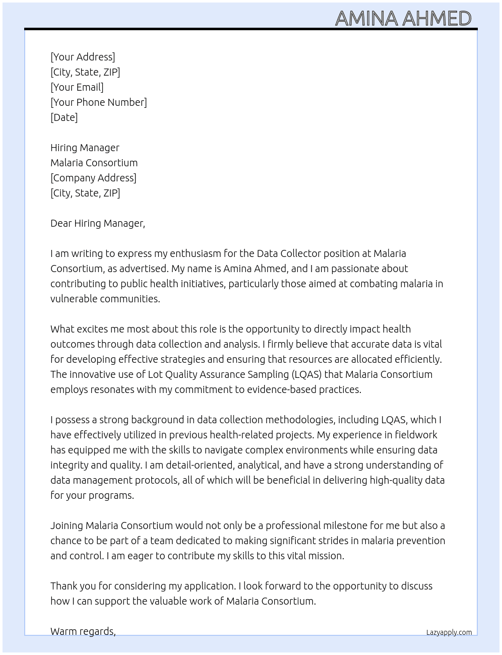 Data collector  At Malaria Consortium  Cover Letter