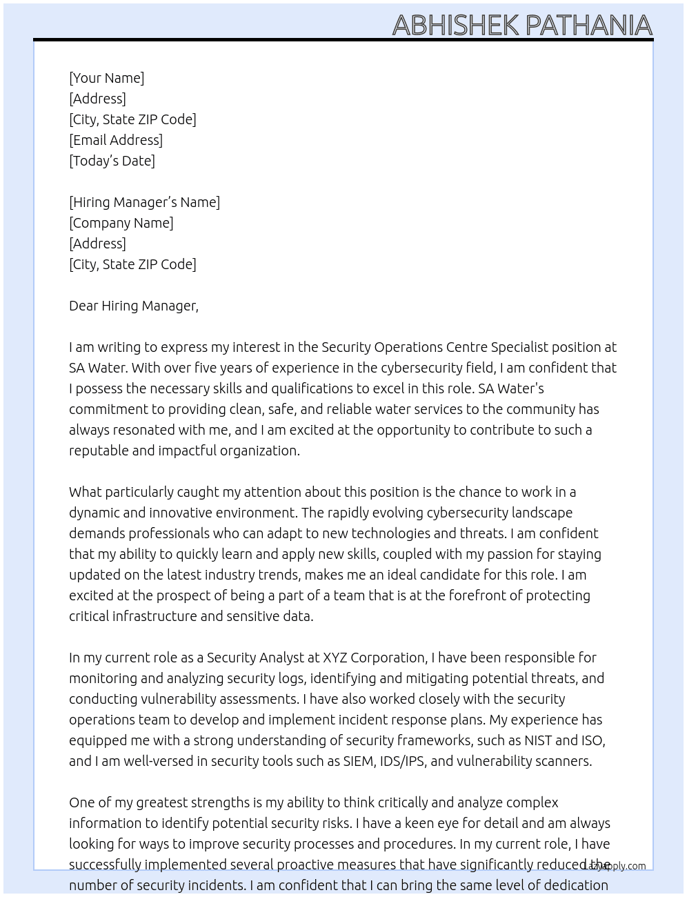 Security Operations Centre Specialist At SA Water Cover Letter