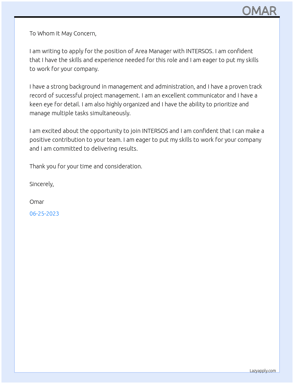 Area Manager At INTERSOS Cover Letter