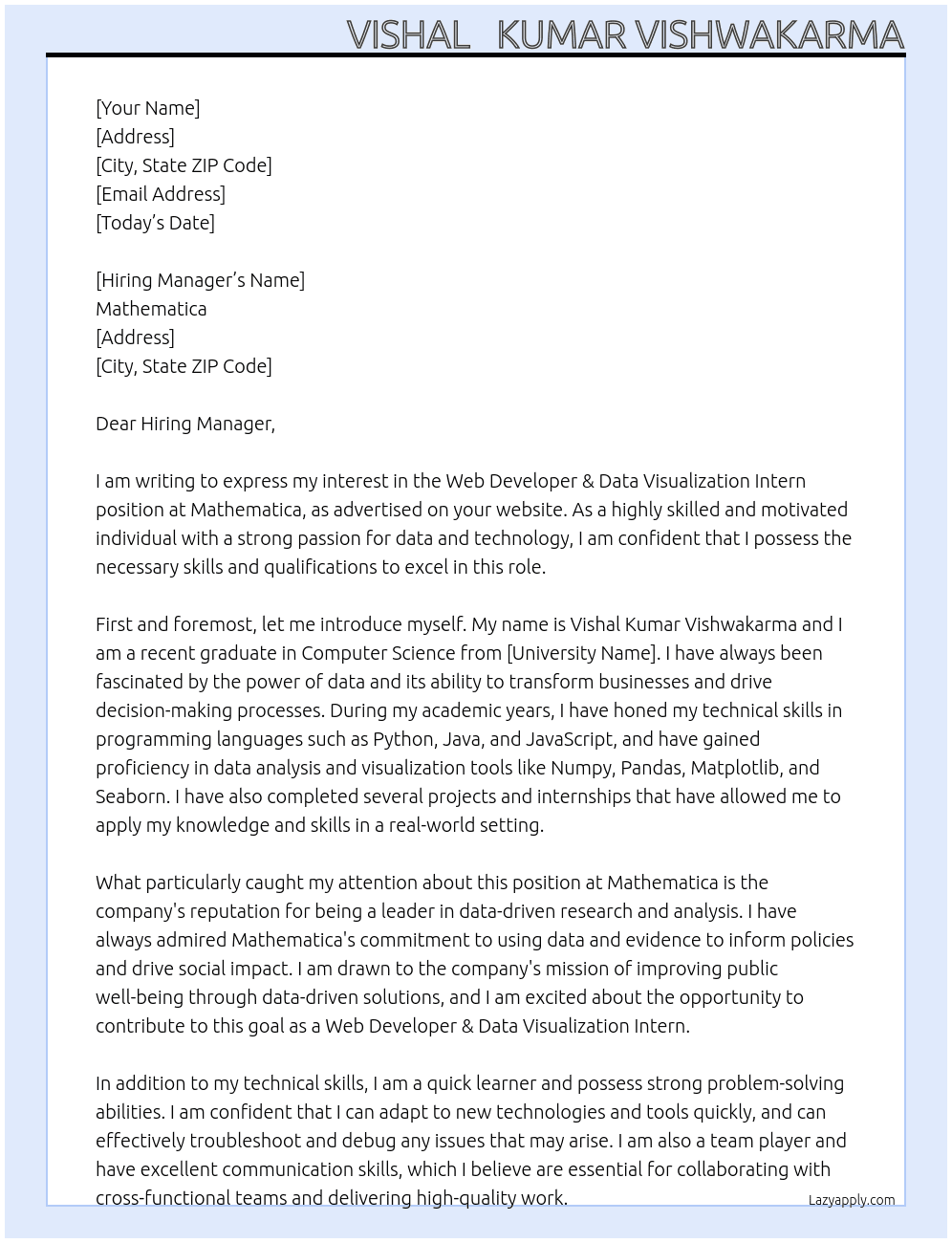 Web Developer & Data Visualization Intern At Mathematica Cover Letter