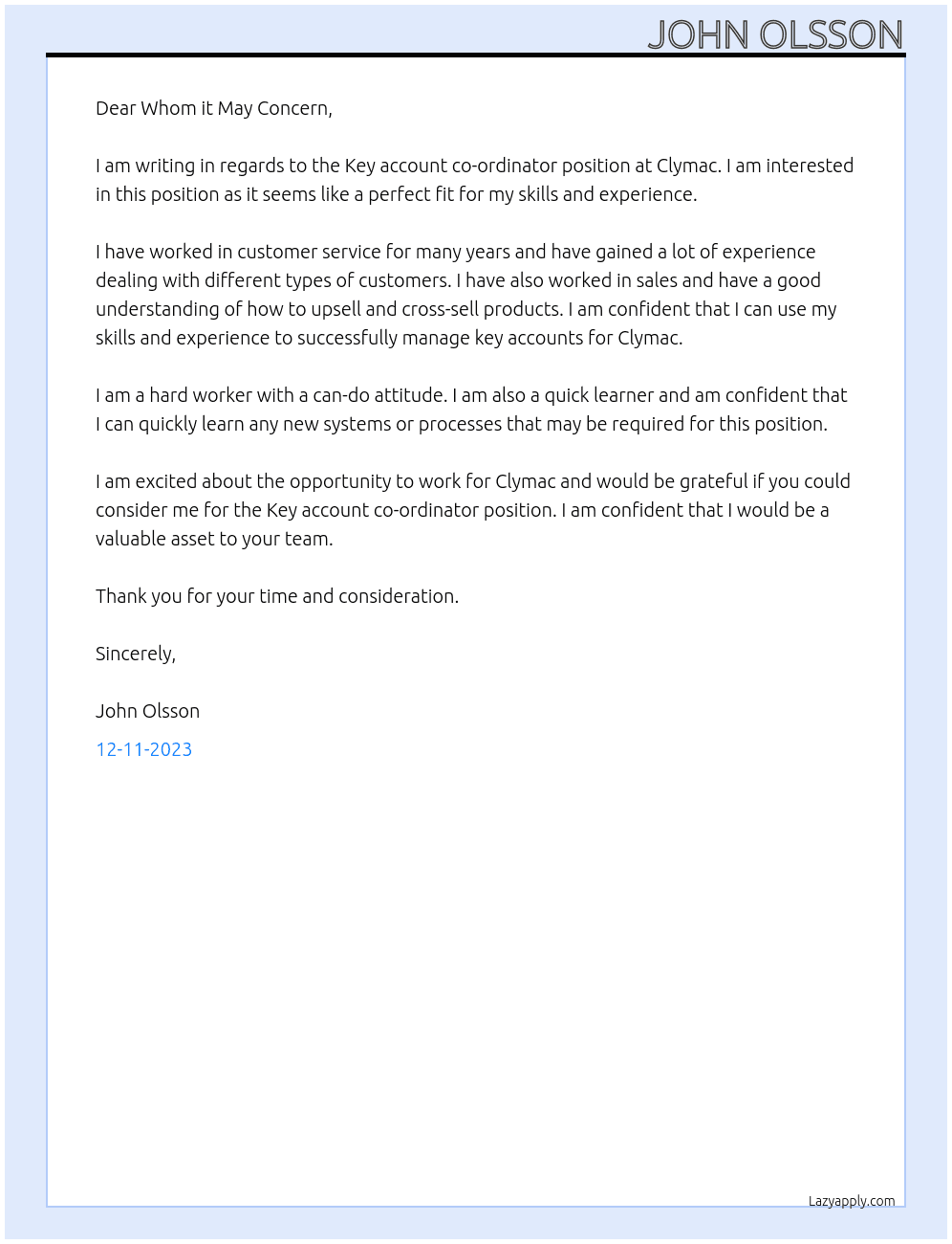 Key account co-ordinator  At Clymac Cover Letter