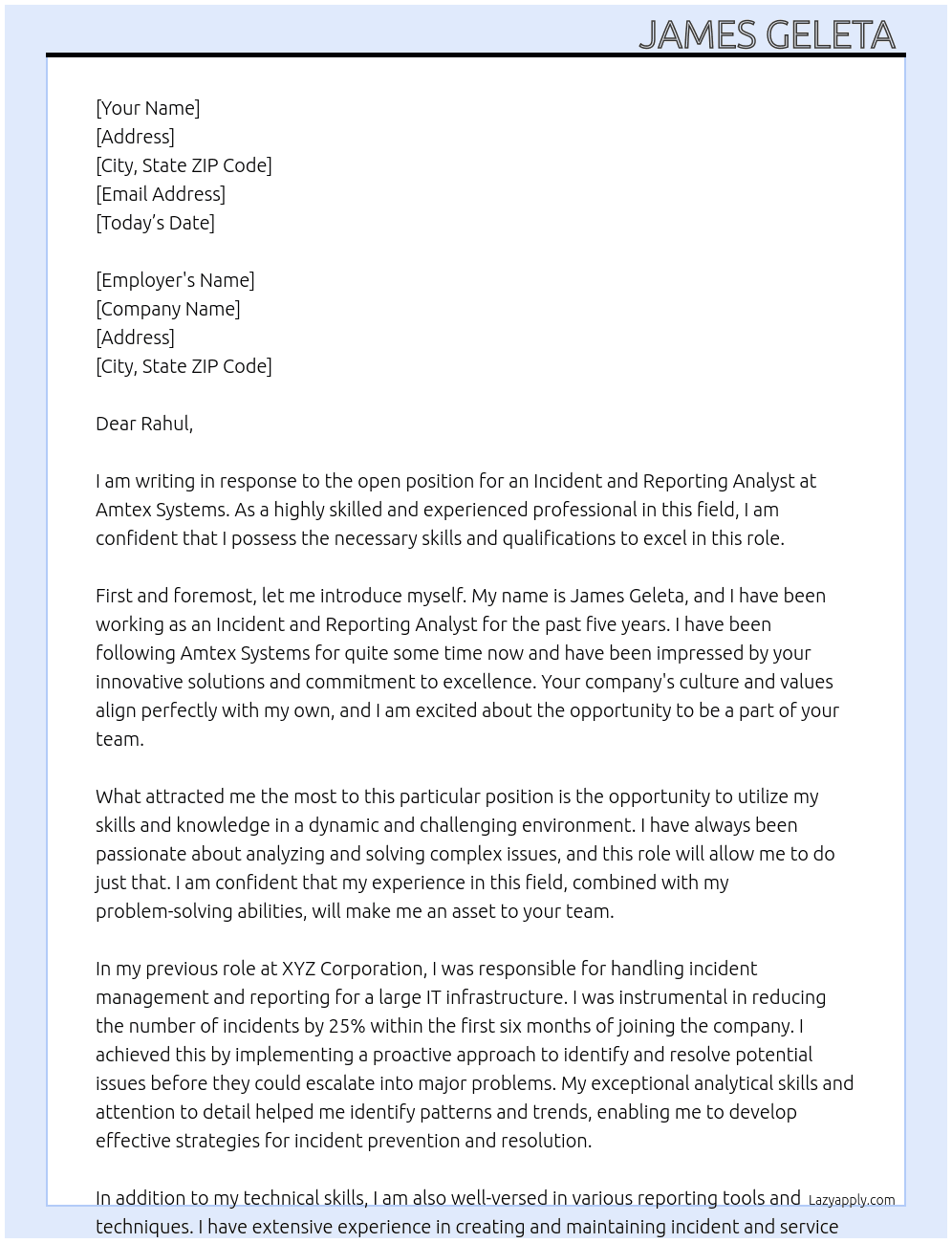 Incident and Reporting Analyst At Amtex Systems  Cover Letter