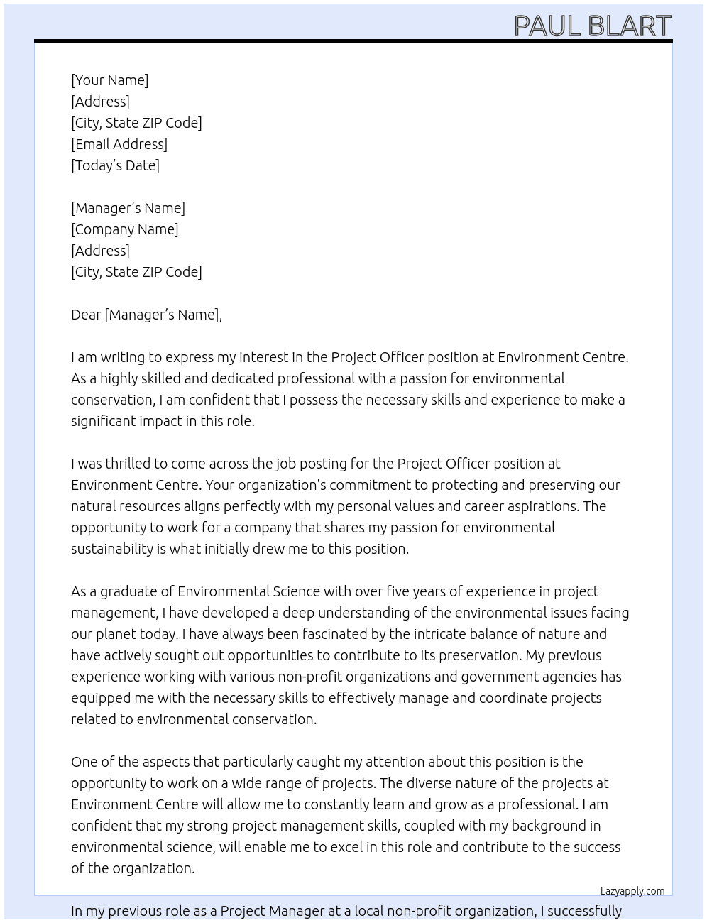 Project officer At environment centre Cover Letter