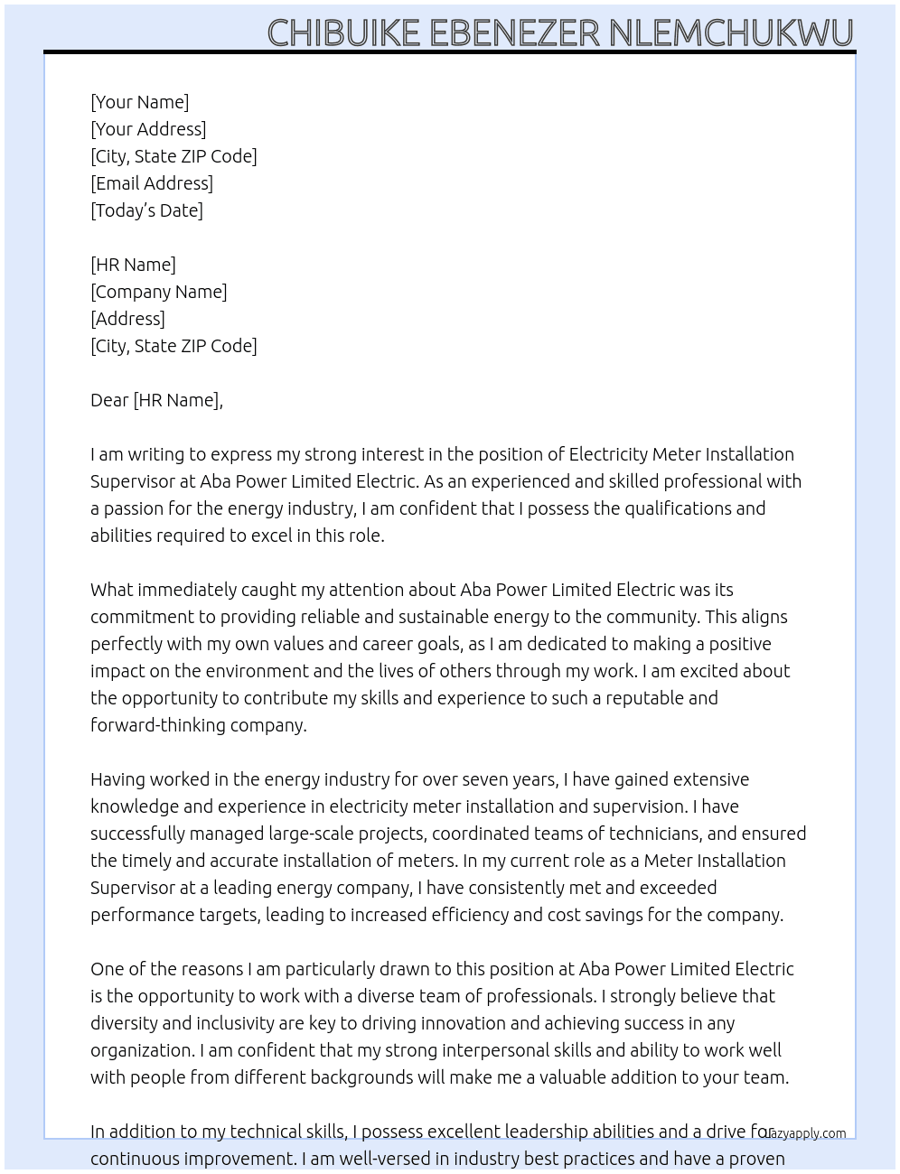 Electricity Meter Installation Supervisor At Aba Power Limited Electric Cover Letter