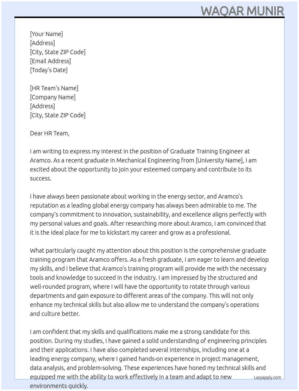Graduate training Engineer At Aramco Cover Letter