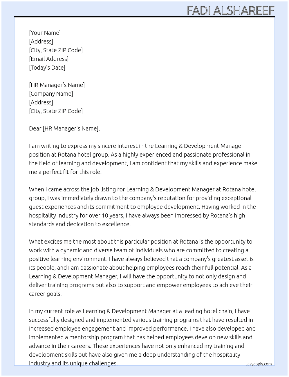 Learning & Development Manager At Rotana hotel group  Cover Letter