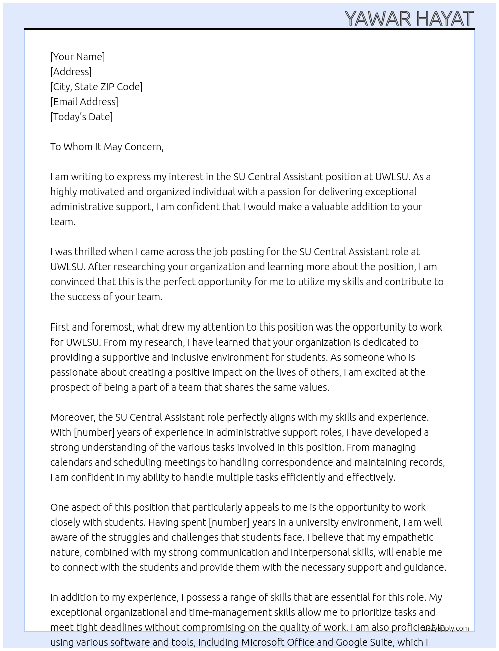 SU Central Assistant At UWLSU Cover Letter