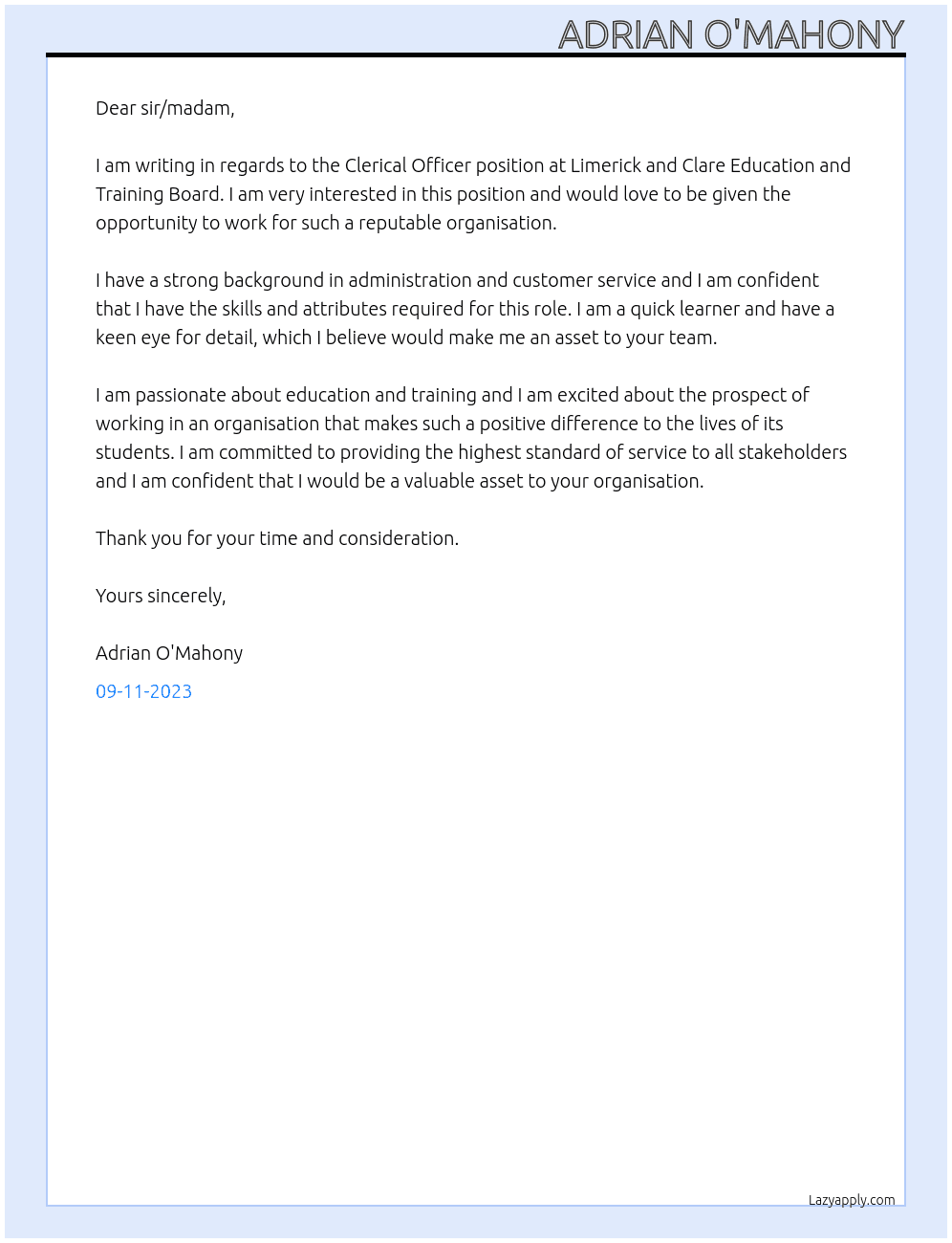 Clerical officer At Limerick and Clare Education and Training Boared Cover Letter