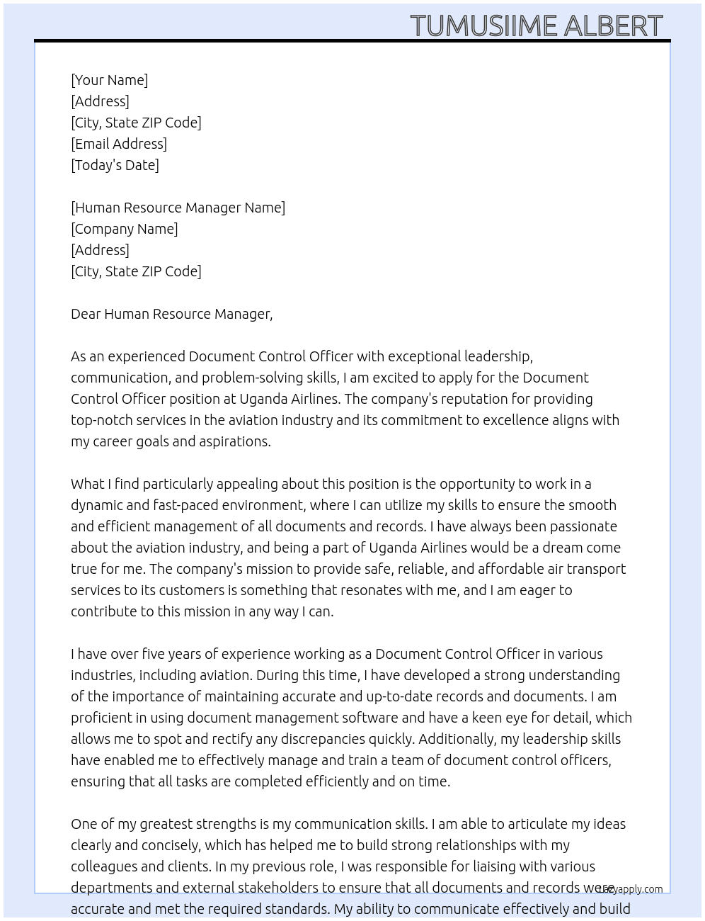 Document control officer  At Uganda airlines  Cover Letter