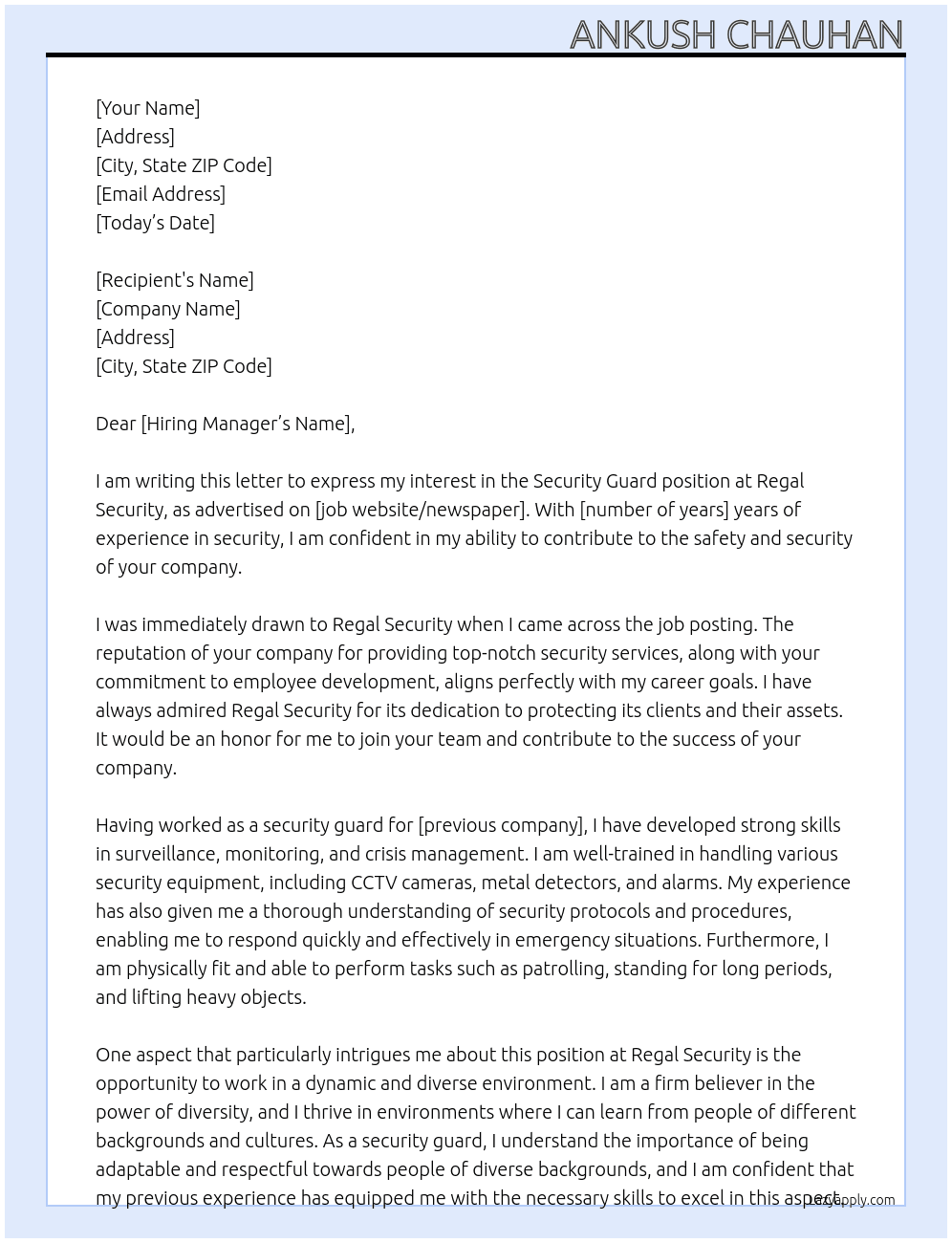 Security Guard At Regal Security Cover Letter