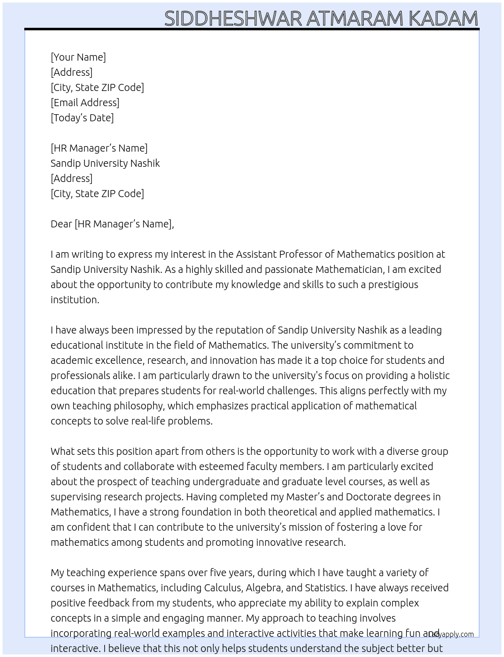 Assistant Proffessor Mathematics At Sandip University Nashik Cover Letter