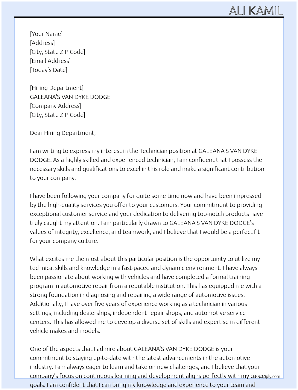Technician At GALEANA'S VAN DYKE DODGE Cover Letter